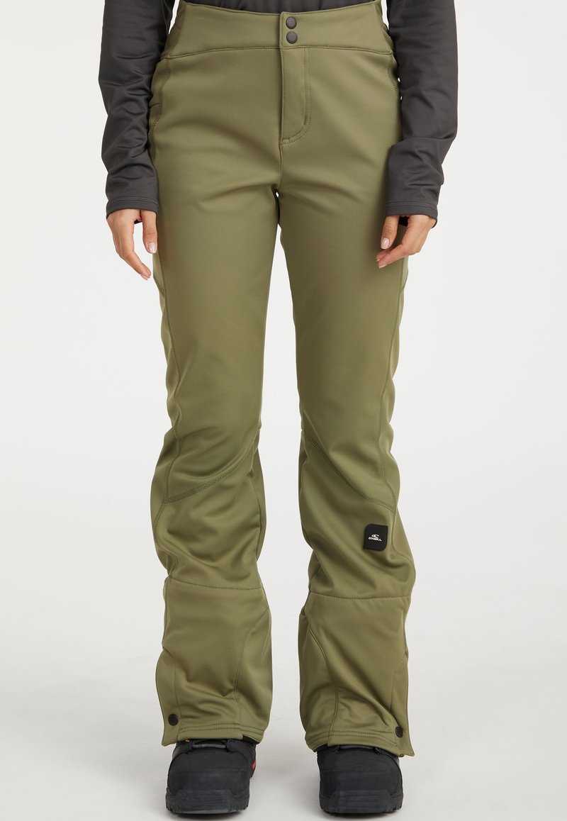 Olivengrüne Skihosen mit zwei Knöpfen, einer taillierten Taille und weit geschnittenen Beinen. Mit Ziernähten und einem Logo-Patch in der Nähe des Knöchels.