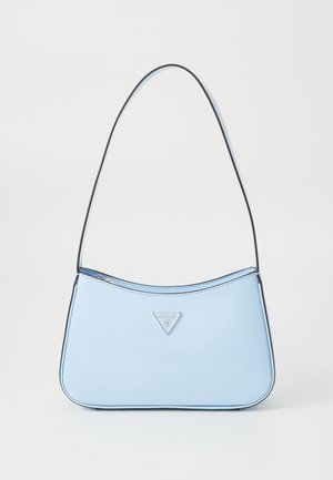 Jasnoniebieska torebka na ramię z pojedynczym paskiem na ramię, zamkiem błyskawicznym i małym trójkątnym logo Guess na środku przodu.