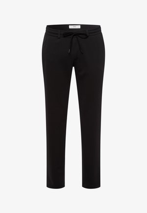 Schwarze Sporthose mit einem verstellbaren Bund, schmal zulaufenden Beinen und einer glatten, matten Oberfläche. Der Stoff wirkt dehnbar und bequem.