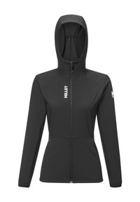 Veste softshell noire au design ajusté, col haut, fermeture éclair et deux poches latérales. Dotée d'une capuche et d'un détail logo sur la poitrine.