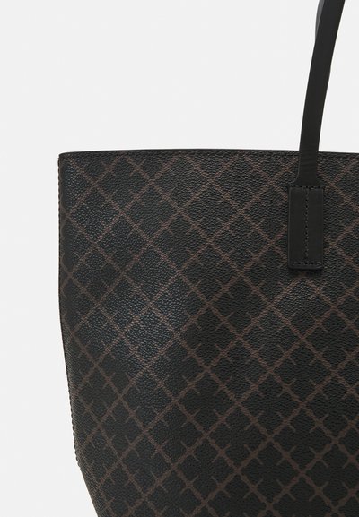 Black leather tote bag with a diamond pattern in dark brown. Features a smooth texture and a simple handle design.