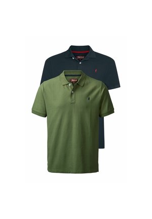 Two polo shirts: one olive green and one navy. Both have short sleeves, a classic collar, and a small logo on the chest.