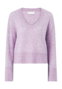 Maglione viola chiaro con scollo a V, design corto e maniche lunghe. Texture morbida e polsini a coste sull'orlo che aggiungono dettagli.