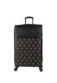 Maleta negra con un diseño texturizado que presenta un patrón marrón de letras y puntos, asa retráctil, cuatro ruedas para movilidad.