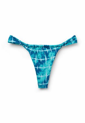 Blaue Batik-Bikiniunterteile aus weichem Material, mit einem niedrigen Schnitt und verstellbaren Seitenbindungen. Das Muster enthält verschiedene Blautöne und weiße Akzente.