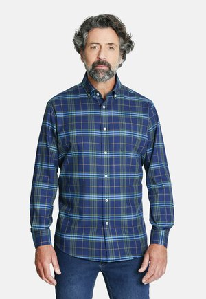 Camisa de cuadros de manga larga en azul marino, verde y marrón. Cuenta con cuello abotonado y botones blancos, hecha de tela de algodón suave.