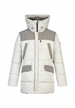 White and gray padded winter jacket with high collar, front zipper, zippered chest pocket, and flap pockets at waist.
