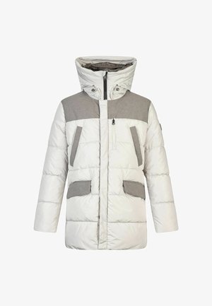 Giacca invernale imbottita bianca e grigia con colletto alto, zip frontale, tasca sul petto con zip e tasche con pattina in vita.