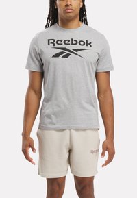 Pelēks īsām piedurknēm T-krekls ar lielu melnu Reebok logo uz krūtīm, apvienots ar gaiši bēšiem ribotiem šortiem ar mazu sarkanu logo.