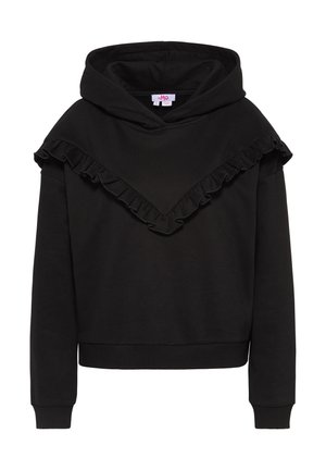 Schwarzer Hoodie mit Rüschenausschnitt und langen Ärmeln. Hergestellt aus weichem Stoff, mit einer Kängurutasche und gerippten Bündchen.