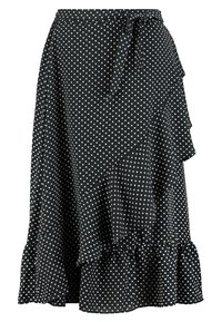 Černá zavinovací sukně s bílými puntíky, volánkovým lemem a zavazováním v pase. Vyrobena z lehké látky s jemnou strukturou.