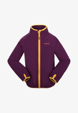 Veste polaire violette avec fermeture éclair jaune, accents jaune sur le col et les poignets, dotée d'un col montant et du logo Kamik sur la poitrine.