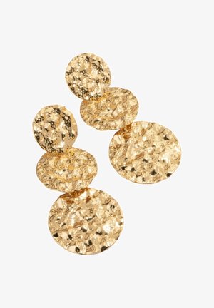 Trois paires de disques métalliques circulaires dorés texturés, disposés par taille décroissante, reliés pour boucles d'oreilles ou pièces décoratives.