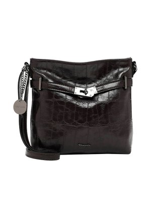 Borsa a tracolla in pelle marrone con stampa coccodrillo, dotata di chiusura in tonalità argento, spallaccio con catena e dettaglio del logo nella parte inferiore.