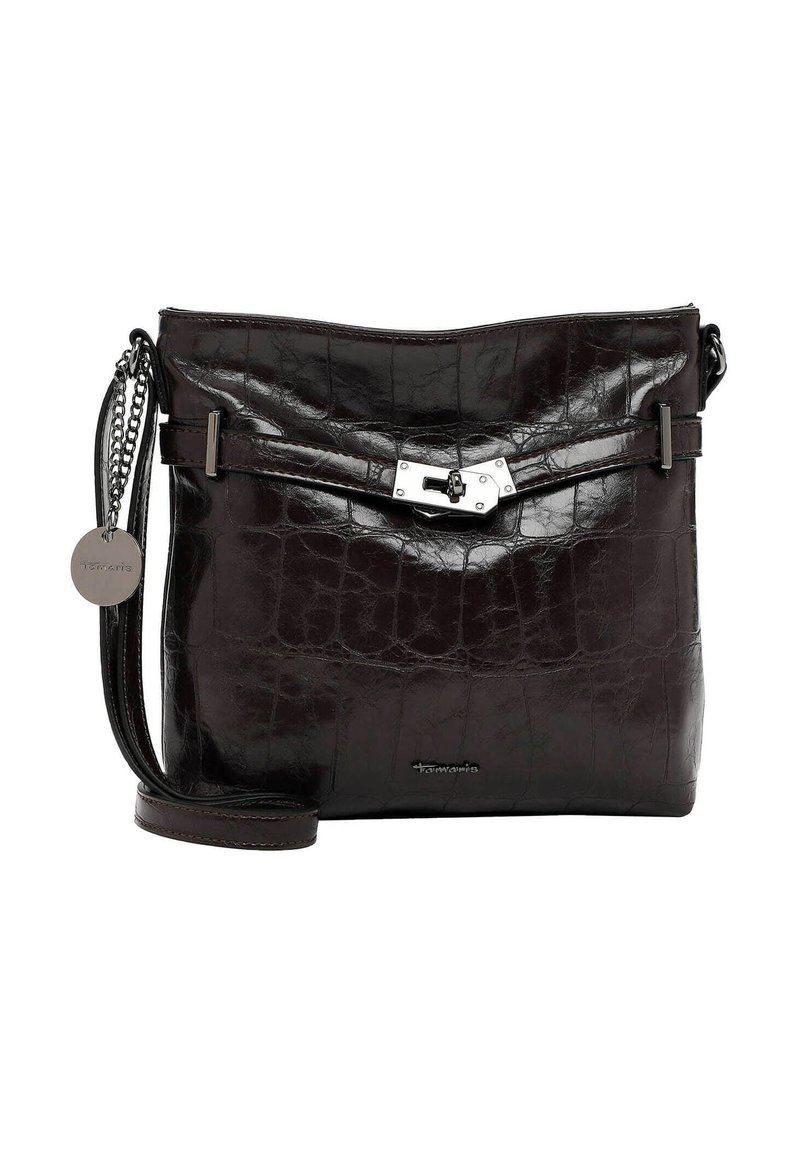 Borsa a tracolla in pelle marrone con stampa coccodrillo, dotata di chiusura in tonalità argento, spallaccio con catena e dettaglio del logo nella parte inferiore.