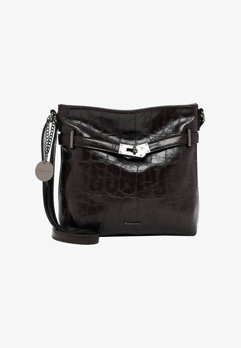 Borsa a tracolla in pelle marrone con stampa coccodrillo, dotata di chiusura in tonalità argento, spallaccio con catena e dettaglio del logo nella parte inferiore.