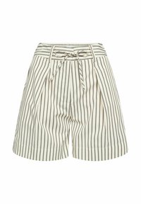 Light beige shorts with vertical dark stripes, pleated design, and a tie belt. Features side pockets and a smooth, woven texture.