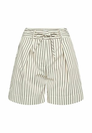 Light beige shorts with vertical dark stripes, pleated design, and a tie belt. Features side pockets and a smooth, woven texture.