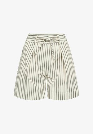 Light beige shorts with vertical dark stripes, pleated design, and a tie belt. Features side pockets and a smooth, woven texture.