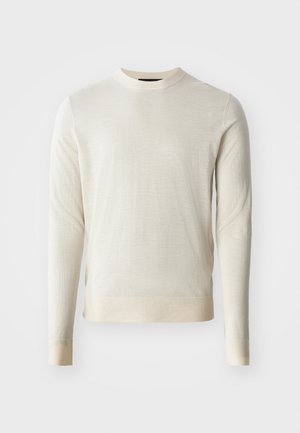 Pulover tricotat de culoare bej deschis, cu mâneci lungi și gât rotund. Material texturat cu un finisaj neted, având o margine și mansete ribbate.