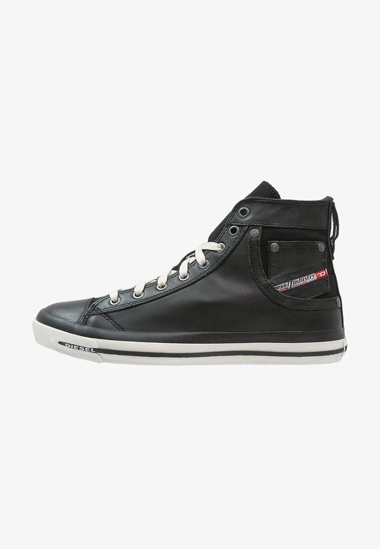Schwarze High-Top-Sneaker aus glattem Leder mit weißen Schnürsenkeln, einer kontrastierenden Sohle, seitlichem Taschen-Detail und Diesel-Branding.