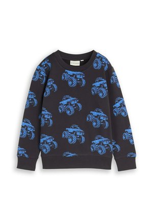 Schwarzer Sweatshirt mit langen Ärmeln und blauen Monstertruck-Prints überall, mit rundem Ausschnitt und ribbigen Bündchen und Saum.