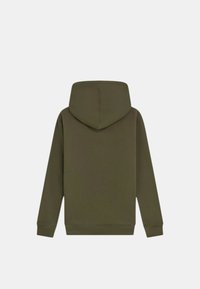 Felpa con cappuccio verde oliva, a maniche lunghe, con polsini e orlo a costine, e un design semplice. Il tessuto appare morbido e liscio.