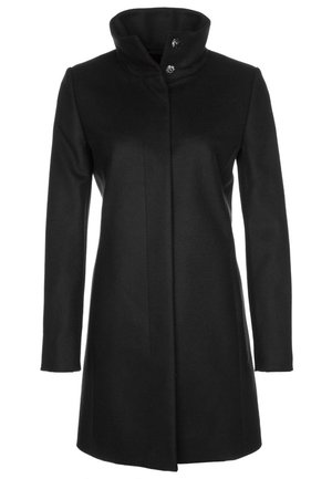 Musta naisten polvipituinen takki, jossa pitkät hihat, korkea kaulus ja kaksi näkyvää nappia kauluksella.
