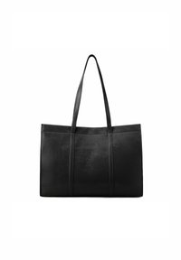 Grande borsa tote in pelle nera con due manici lunghi, texture liscia e dettagli di cucitura visibili. Design minimalista senza decorazioni.