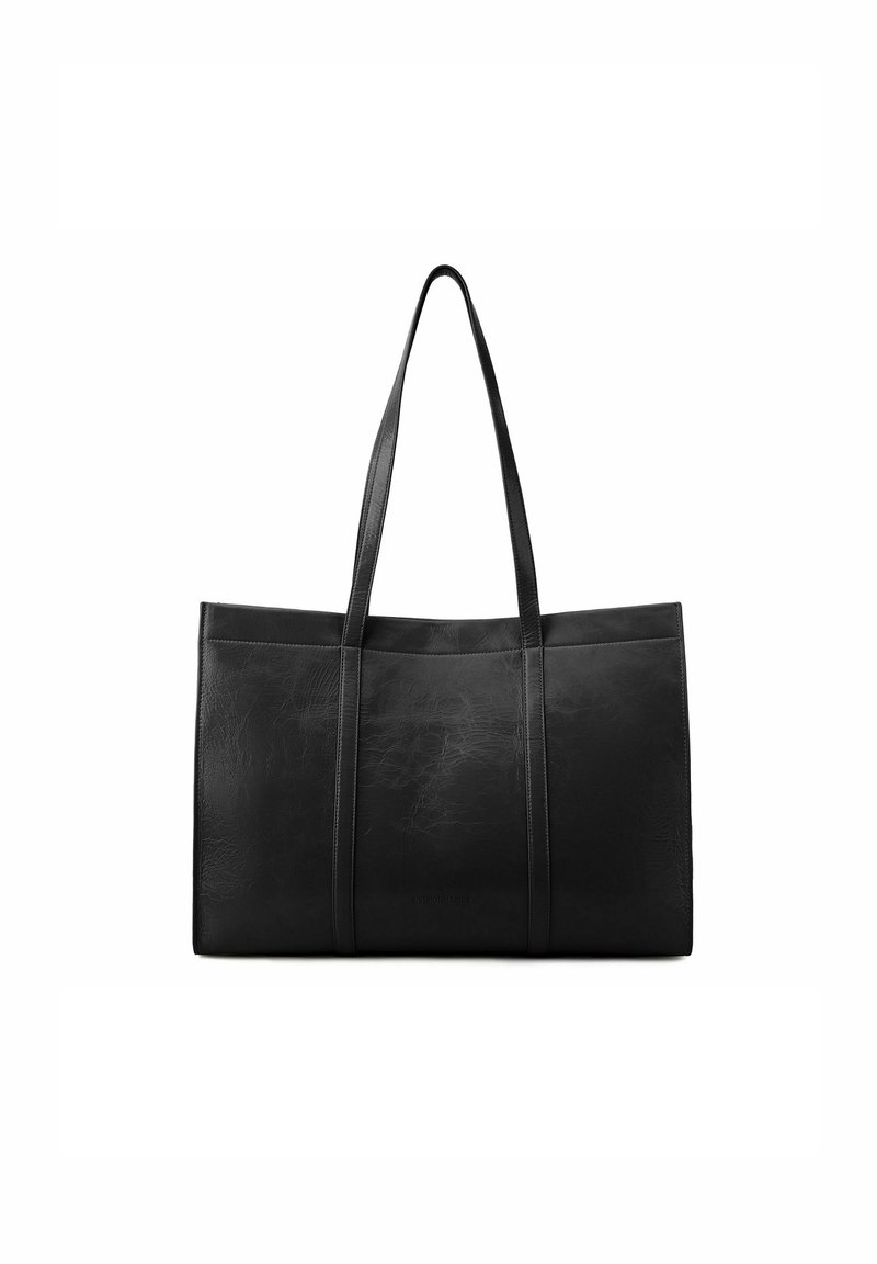 Grande borsa tote in pelle nera con due manici lunghi, texture liscia e dettagli di cucitura visibili. Design minimalista senza decorazioni.