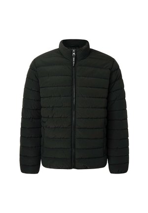 Giubbotto puffo nero con colletto alto, design a trapuntatura orizzontale, zip frontale completa e polsini elastici, realizzato in materiale leggero.