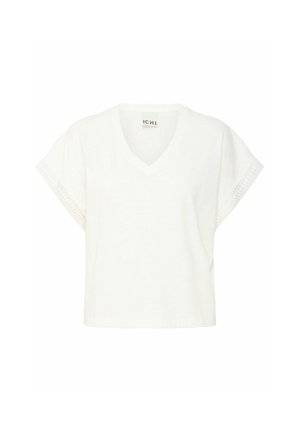 Witte V-hals T-shirt met korte mouwen, voorzien van kanten details langs de mouwranden, gemaakt van een zachte, lichte stof.