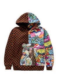 Felpa con cappuccio dal motivo a scacchi marrone. Da un lato presenta arte di graffiti colorata e una grafica di un orso con occhiali da sole e catena.