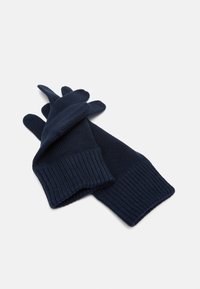 Guanti lavorati a maglia blu navy con polsini a costine, caratterizzati da un design senza cuciture e punte arrotondate per calore e comfort.