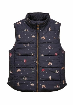 Marineblaue gesteppte Weste mit Reitsport-Motiven, darunter Pferdeköpfe, Stiefel, Zügel, Hüte und Schleifen, ausgestattet mit einem Frontreißverschluss.