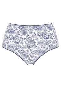 Korkeavyöiset valkoiset alushousut, joissa on sininen paisley-kuvio, pehmeä kangas ja koristeellinen tummansininen nauha vyötärön ja lahkeiden aukkojen ympärillä.