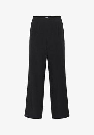 Fekete, széles szárú nadrág sima anyagból. Rugalmas derékpánttal és két elülső redővel rendelkezik az extra struktúra érdekében.