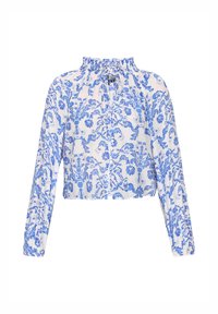 Gekürzte Bluse mit langen Ärmeln, die ein blühendes blau-weißes Muster aufweist, einen gerafften Ausschnitt hat und eine durchgehende Knopfleiste besitzt.