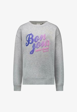 Grijze trui met een ronde hals en lange mouwen. Voorzien van een kleurrijke "Bon jour mon amour" afbeelding in blauw en roze. Zachte stoftextuur.