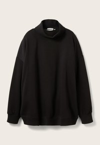 Sweat-shirt noir à manches longues avec un col haut à repli et des poignets et une bordure côtelés, présenté sur un fond clair uni.