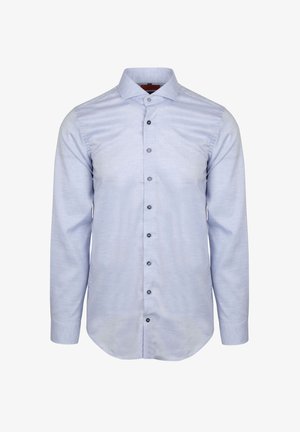 Hellblaues Langarmhemd aus einem Stoff mit feiner Struktur, mit durchgängiger Knopfleiste und klassischem Kragen. Schwarze Knöpfe.