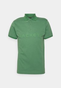 Polo en coton vert avec un col, patte de boutonnage à deux boutons, manches courtes, et un grand logo "HACKETT" en vert clair sur le devant.