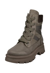 Braune Wildlederknöchelstiefel mit runder Zehenpartie, gepolstertem Kragen und dicker schwarzer Gummisohle. Mit grauen Stoffakzenten und robusten Schnürsenkeln.