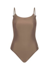 Smeđi jednodijelni kupaći kostim s tankim trakama, izrađen od glatkog materijala. Ima izrez s okruglim dekolteom i mali logotip na donjoj strani.