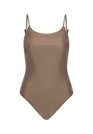 Hnedý jednodielny plavky s tenkými ramienkami, vyrobené z hladkého materiálu. Má výstrih do U a malú logovú akcentáciu na spodnej strane.