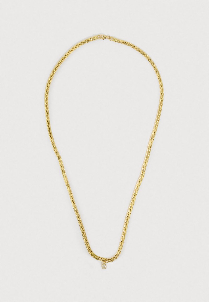 Χρυσό κολιέ με σχέδιο πλεκτής αλυσίδας, με ένα μι�κρό διακοσμητικό κρεμαστό στο κέντρο. Λεία υφή και λαμπερό φινίρισμα.