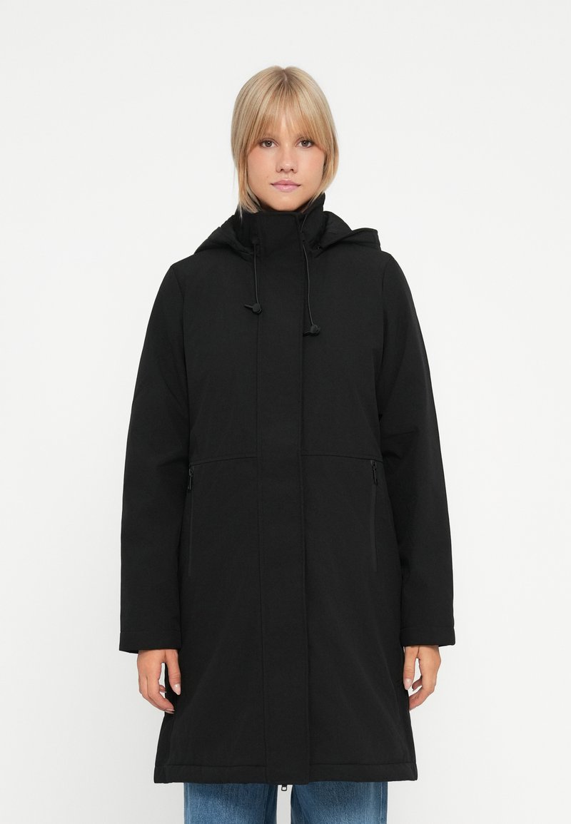 Black long coat featuring a hood, front zipper, and two side pockets. Made from durable fabric with a smooth texture. Straight cut design.