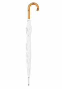 Witte paraplu met een gedraaide stoffen kap, een gebogen bamboehandvat en een metalen punt. Voorzien van een knop om de kap te vergrendelen.