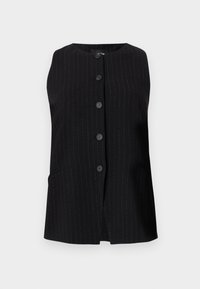 Μαύρο αμάνικο γιλέκο με διακριτικές κάθετες λεπτές ρίγες, πέντε μαύρα κουμπιά στο μπροστινό μέρος και δύο μπροστινές τσέπες σε ανοιχτό φόντο.