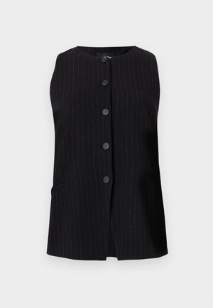 Veste noire sans manches avec fines rayures verticales, cinq boutons noirs sur le devant, et deux poches avant sur un fond clair.